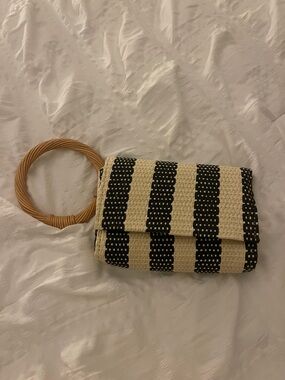 a new day Black and Cream Woven Clutch with Round Wooden Handle